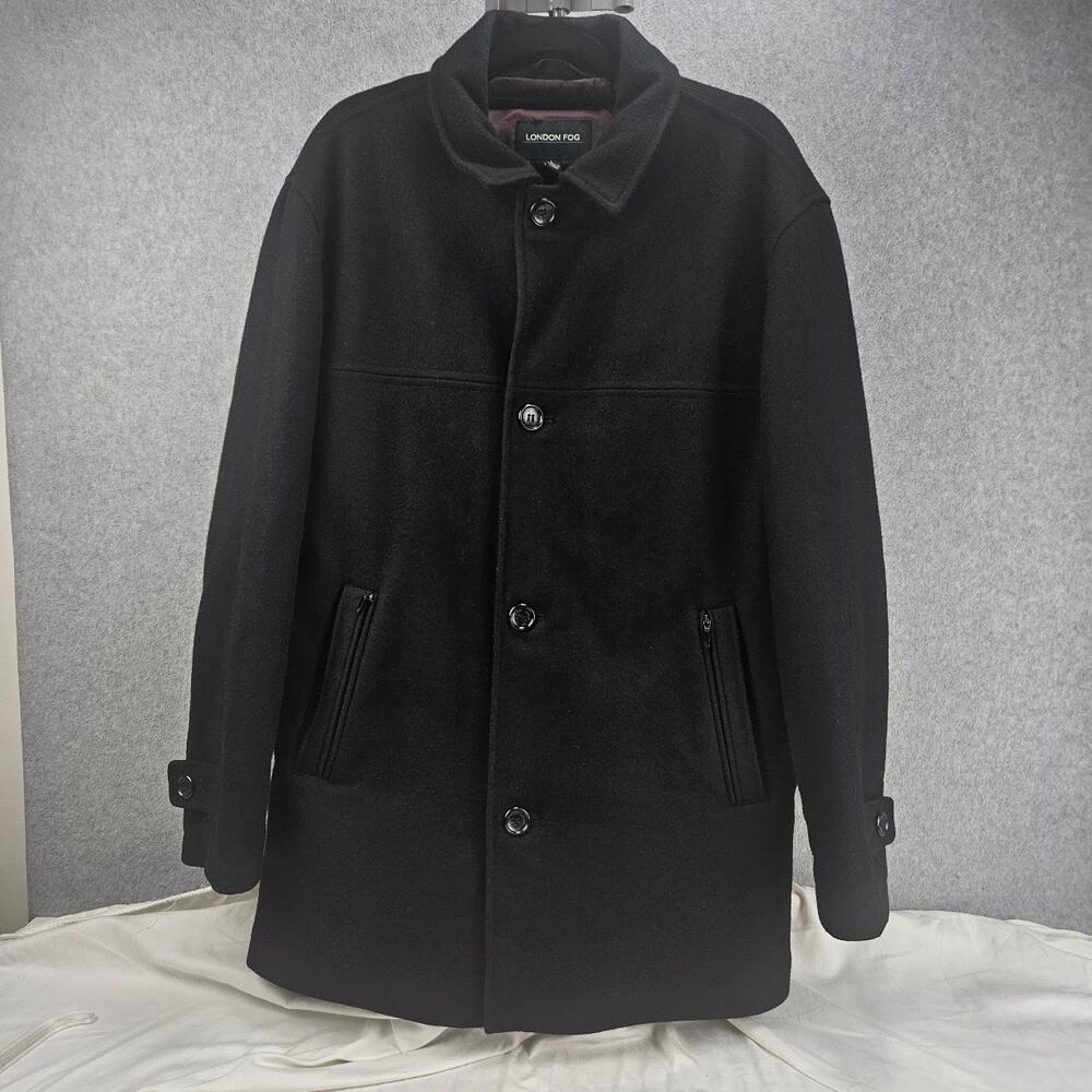 LONDON FOG Wool Black Pea Coat Mens Sz L Quiet Luxury Old Money *Vintage*